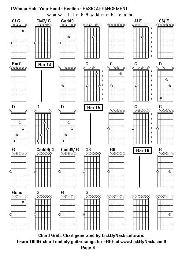 Chord Grids Chart of chord melody fingerstyle guitar song-I Wanna Hold Your Hand - Beatles - BASIC ARRANGEMENT,generated by LickByNeck software.